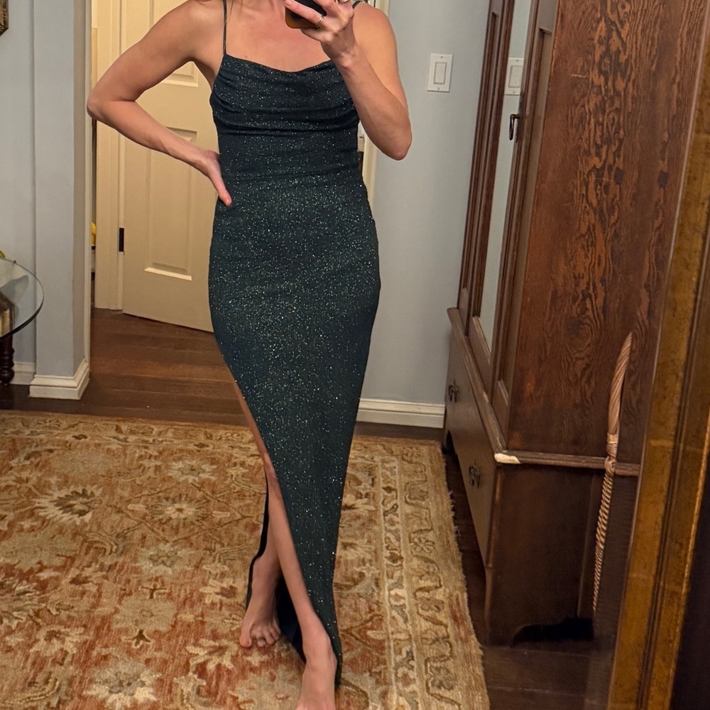 Green Sparkle Cowl Neck Spaghetti Strap Prom Dress